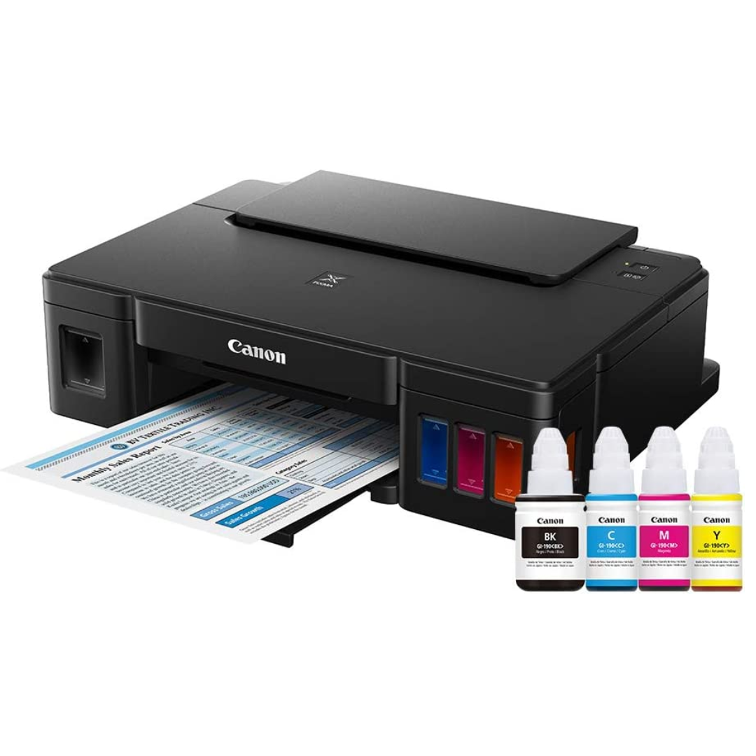 Impresora de inyección de tinta fotográfica. la impresora a color imprime  la foto en un fondo blanco aislado. cuatro cartuchos recargables vacíos.